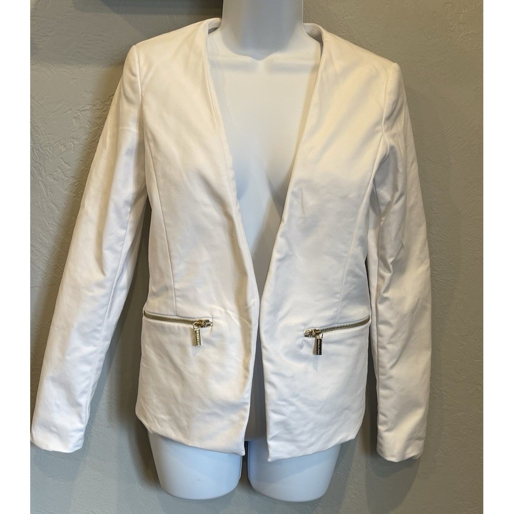 New Michael‎ Kors Blazer Jacket Womens Size 2 White Gold Zippers Padded Shoulder